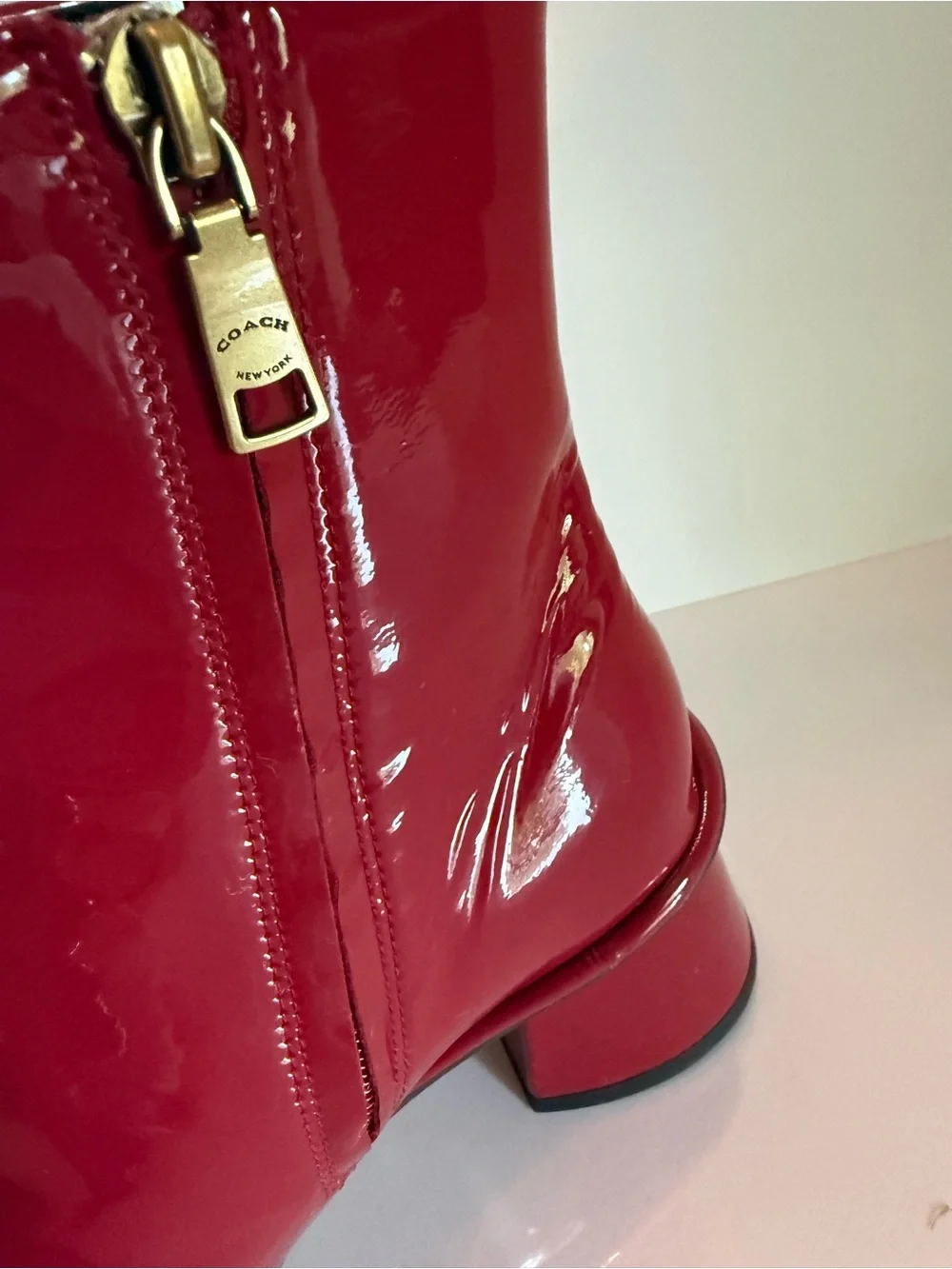 Coach Red Patent Leather Block Heel Boots